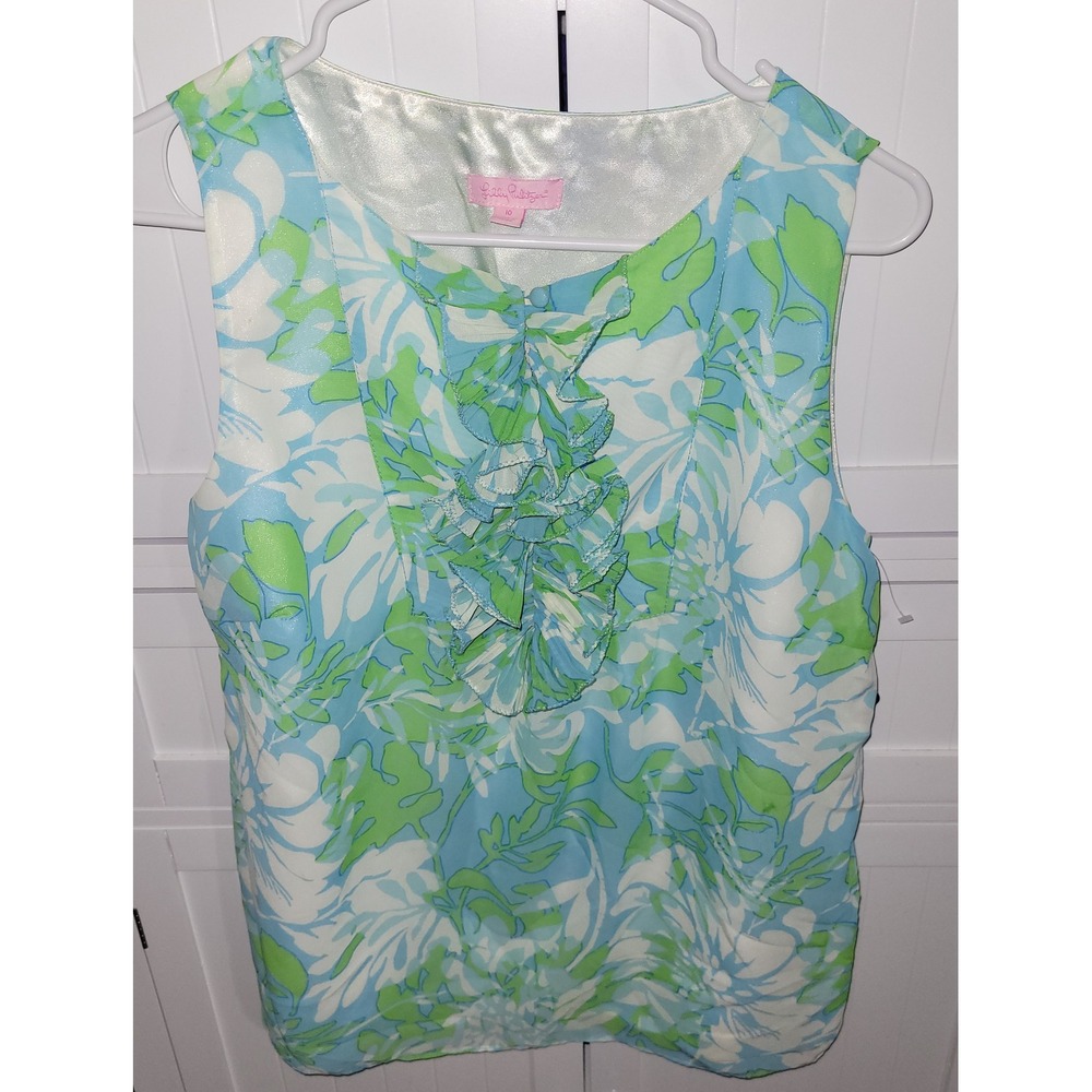Lilly Pulitzer Blue Green Floral Ruffle Bib Sleeveless Blouse Top Size 10